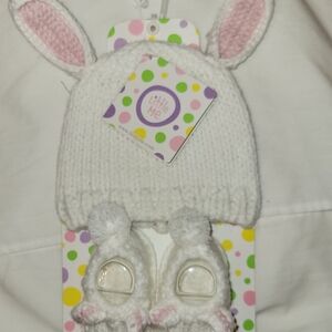 Little Me White Knit Bunny Hat and Booties with Pink Ear Lining